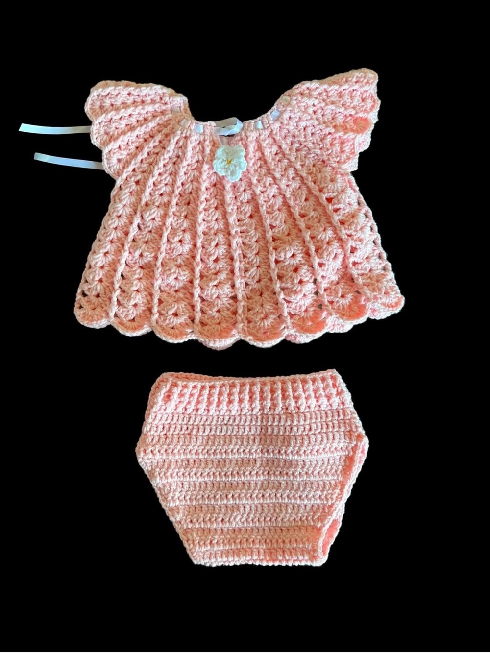 Handmade Peach Crochet Baby Dress & Diaper Cover